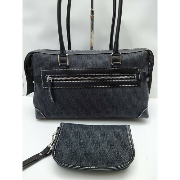 Dooney & Bourke Black Canvas DB Printed Pockets Zipper Satchel Bag w/ Wallet - Picture 2 of 14